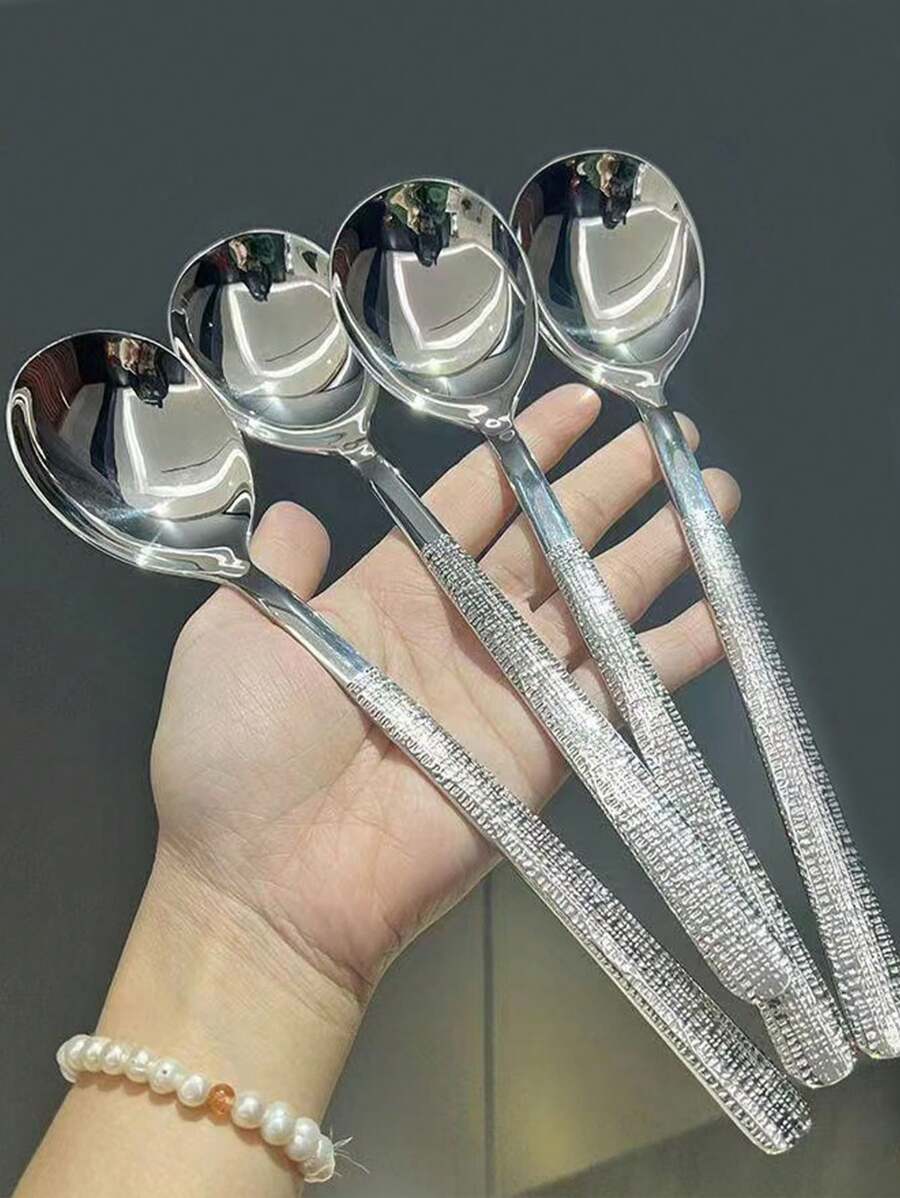 2/5pcs Stainless Steel Hammered Texture Long Handle Dinner Spoons, Round Soup/Tea Spoons For Home Use