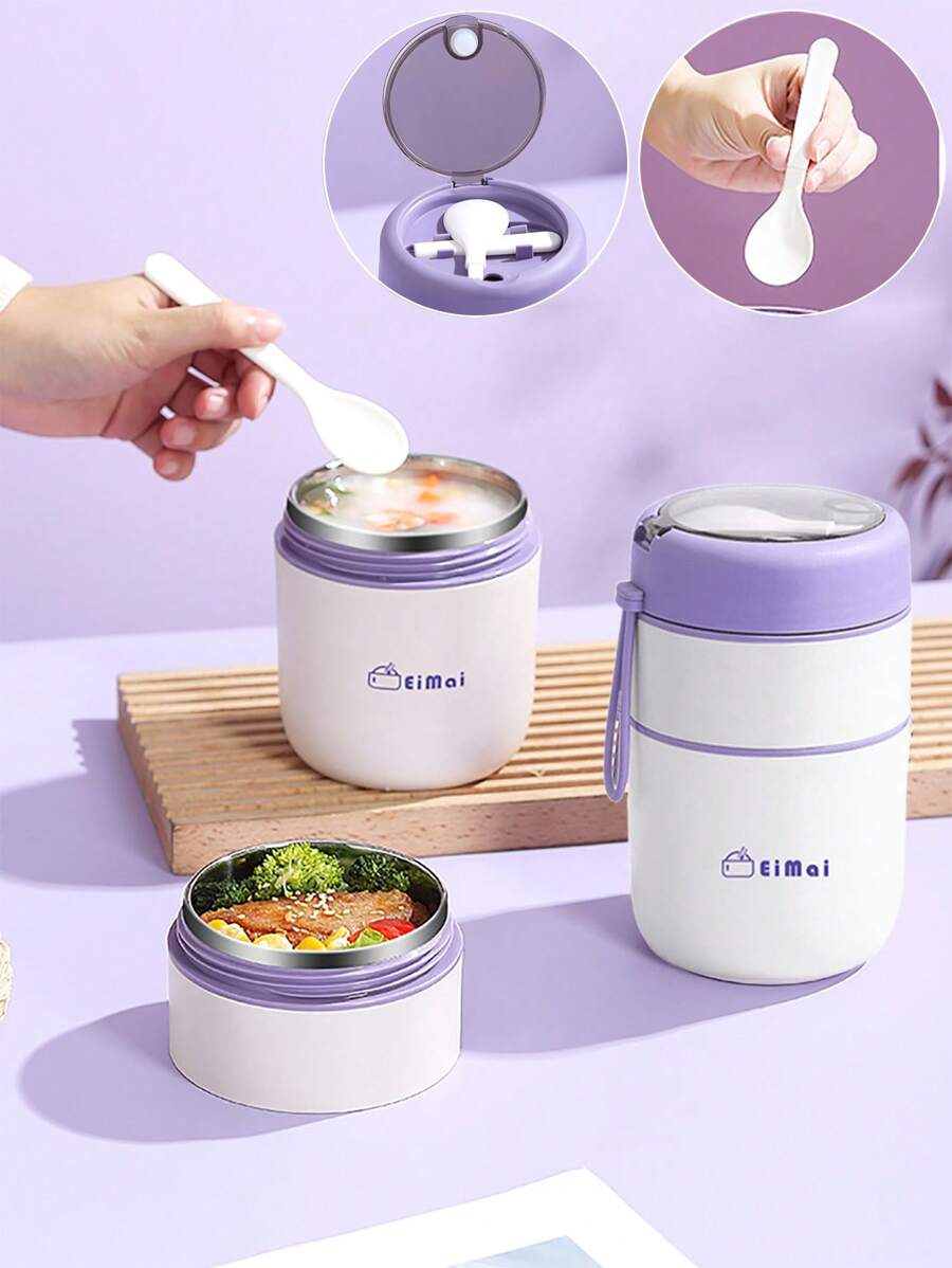 1 Pc Stainless Steel Vacuum Thermal Portable Lunch Box Double Layer 500ml & 680ml Insulated Lunch Food Warmer Soup Cup Insulated Containers Bento Lunch Box With Foldable Spoon (Lid Randomly Shiped),School Supplies