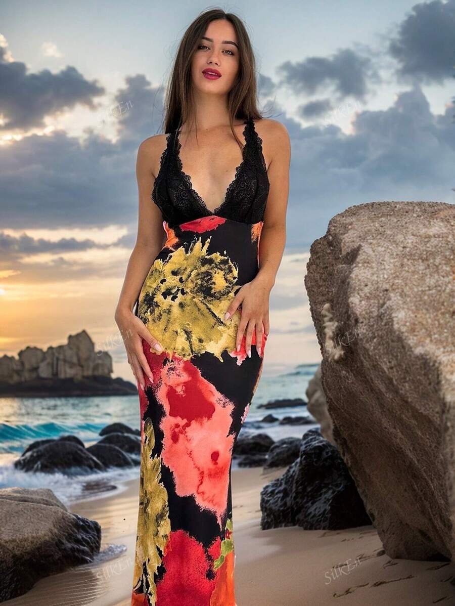 Women's Summer Vacation Floral Print Sexy Lace Patchwork Criss-Cross Backless Spaghetti Strap Dress