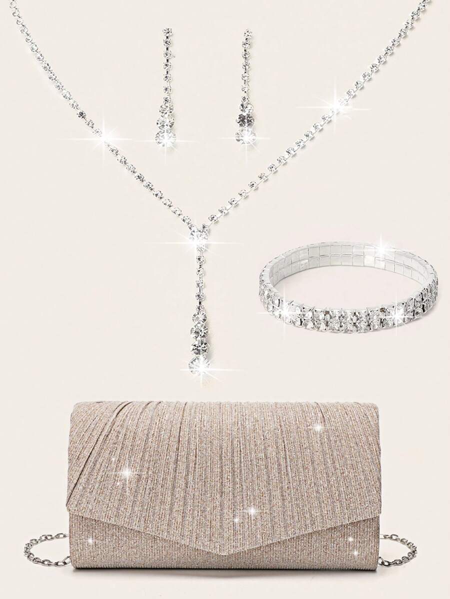 Conjunto de joyas de mujer con cristales brillantes y lujo - Conjunto de collar, aretes y pulsera con cristales brillantes, ideal para eventos y bolso con pliegues en forma de V