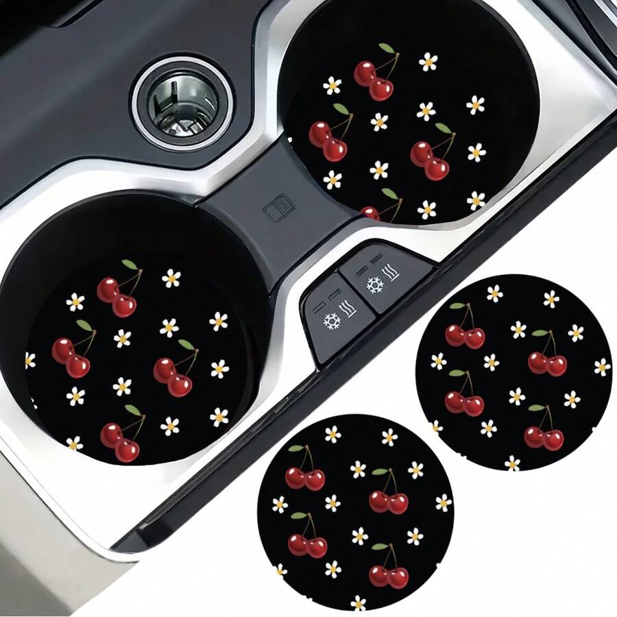 2 pièces Dessous de verre de voiture avec motif imprimé cerise, tapis de voiture stylé, séchage rapide et antidérapant