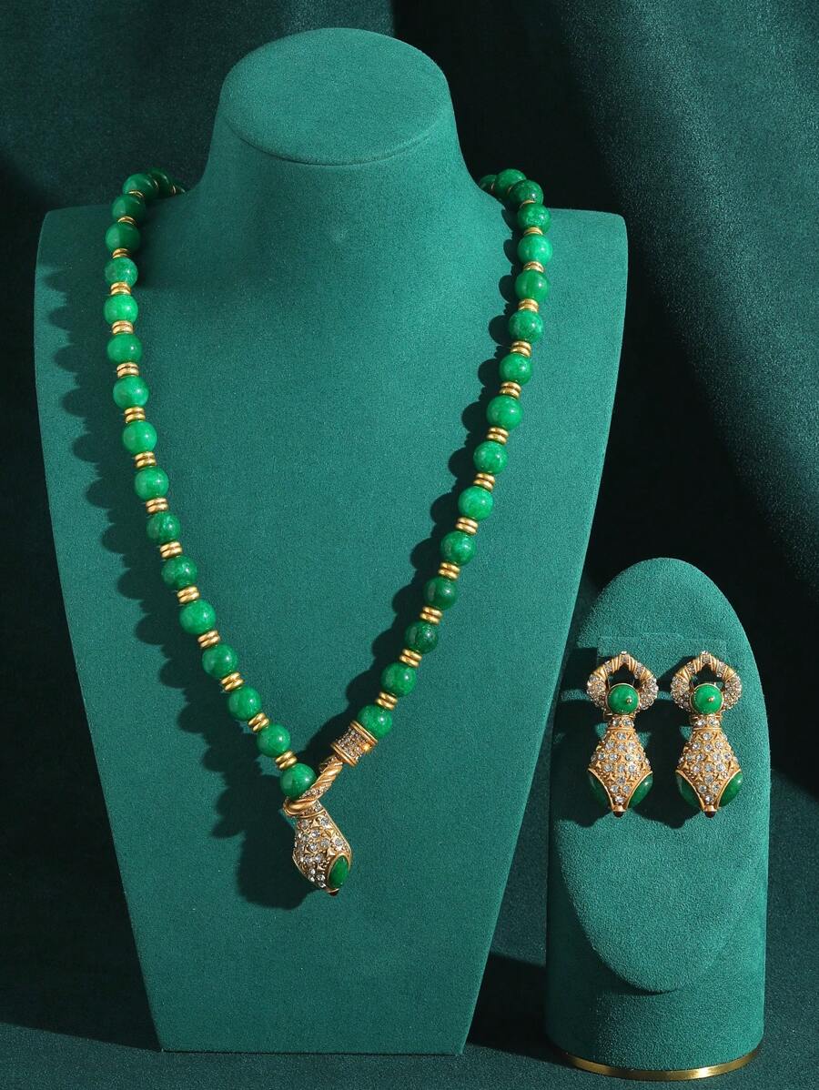 18K Gold Plated Vintage Copper Green & Blue Snake Shape Beaded Necklace & Earrings Jewelry Set With Rhinestone And Glass Beads