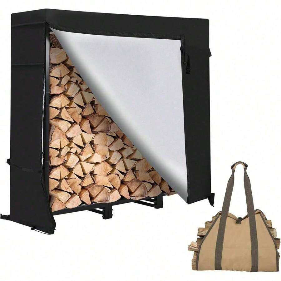 4ft Outdoor Firewood Rack With Waterproof Widened Cover, Heavy Duty Holder With Hooks, Powder-Coated, With Carrier Bag, For Fireplace, Deck, Patio