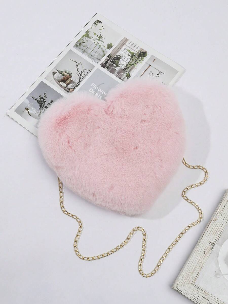 Pink Plush Heart Shaped Kids Crossbody Bag, Simple & Practical Multi-Functional Girls Furry Wallet, Ladies Soft Little Shoulder Bag Clutch Bag With Metal Chain, Perfect Funny Novelty & Prank Gifts, Autumn Wallet, Valentine's Day Gift