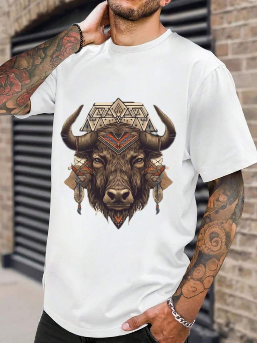 Camiseta Masculina De Algodón 220g, Elegante Y Elegante Look De Cabeza De Toro