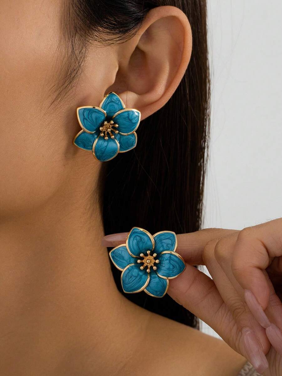 1 Pair Sweet & Cute Glazed Double Layer Floral Women Earrings, Suitable For Dates