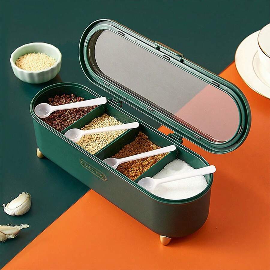 Seasoning Box Set, Spice Jars Bottles Condiment Storage Containers Household Kitchen Supplies With Sealed Multi-Compartments (4 Spoons Included)