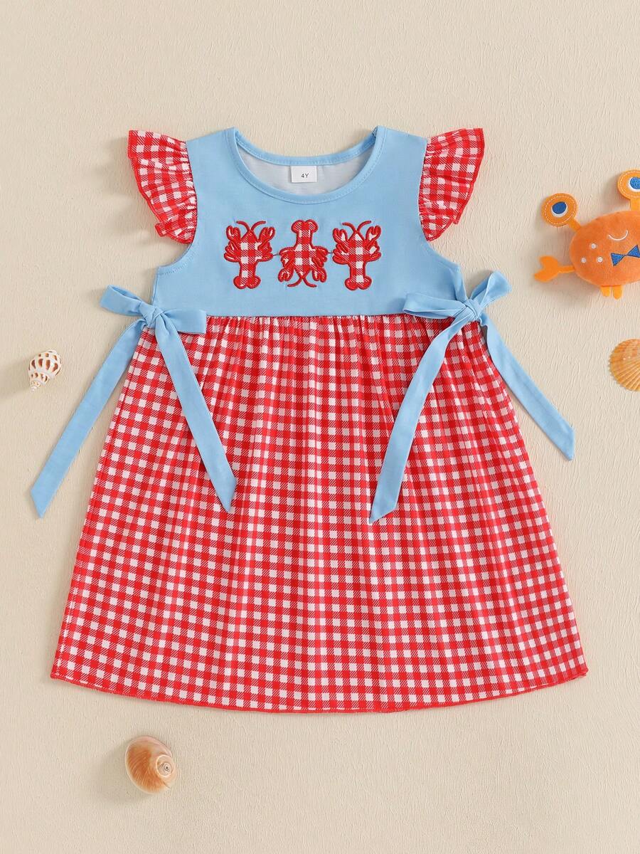 Girls Summer Plaid Dress Flying Sleeve Round Neck Lobster Embroidery A-Line Beach Dresses