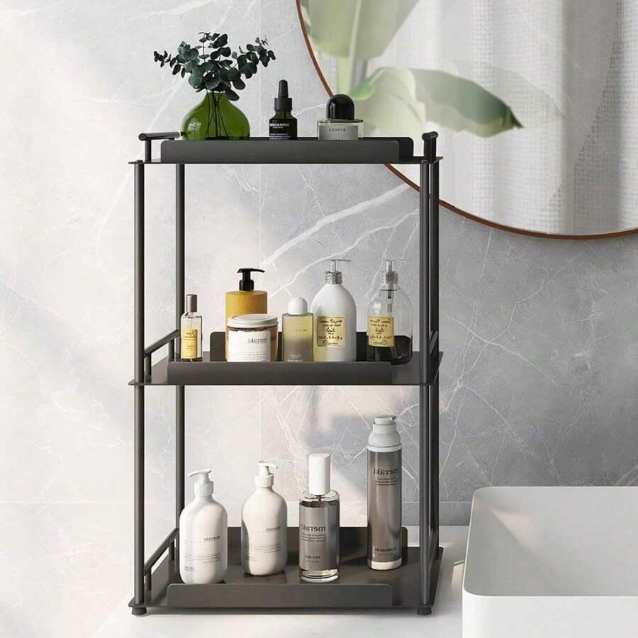Bathroom Counter Organizer With 3 Tier Countertop Storage Shelf For Kitchen Spice Rack And Cosmetic Organization, Ideal For Bathroom, Kitchen, Living Room, Bedroom Or Dressing Table In Black Color