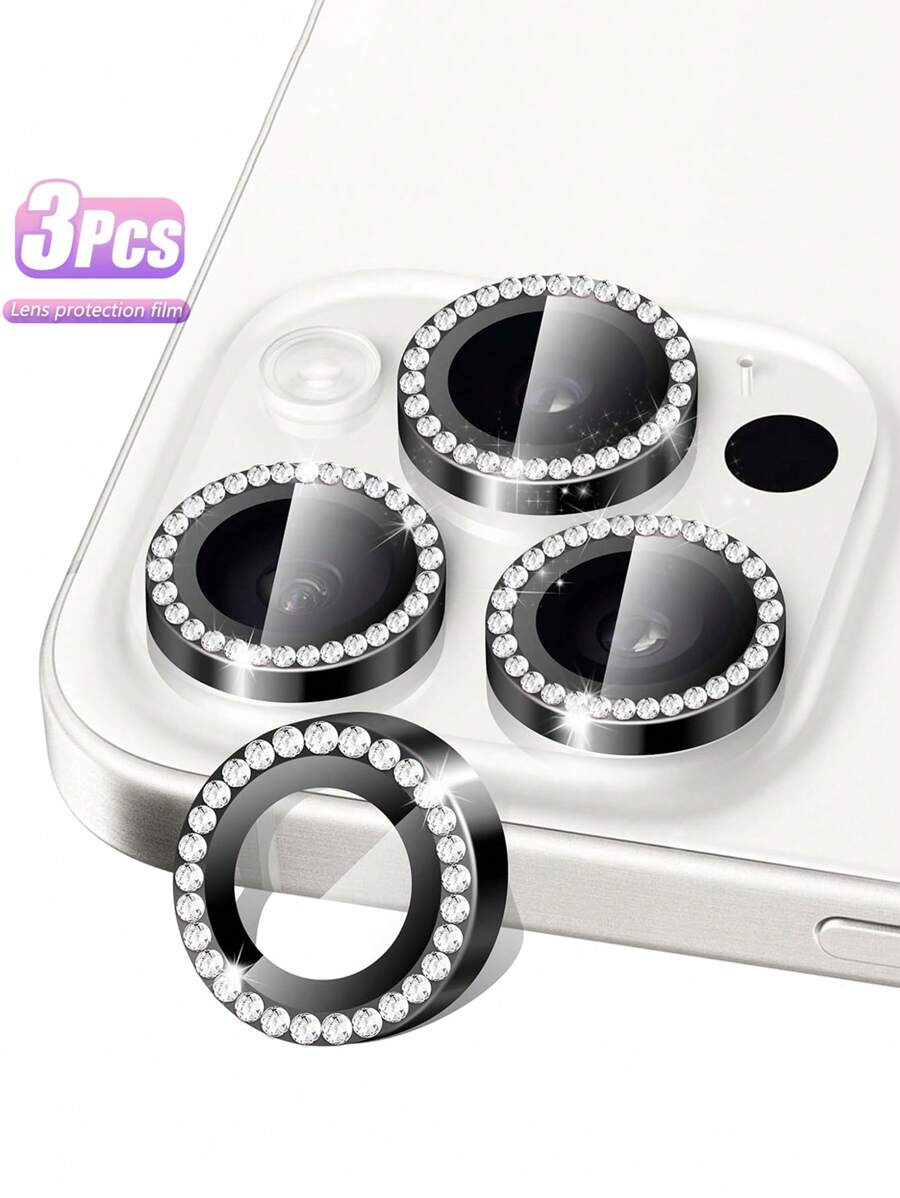 3-pack cameralensbeschermers compatibel met iPhone 16 Pro/iPhone 16 Pro Max - Prachtige glanzende, 9H gehard glazen camerahoes, schermbeschermer, metalen ring, decoratieve accessoires (stijlvol zwart)