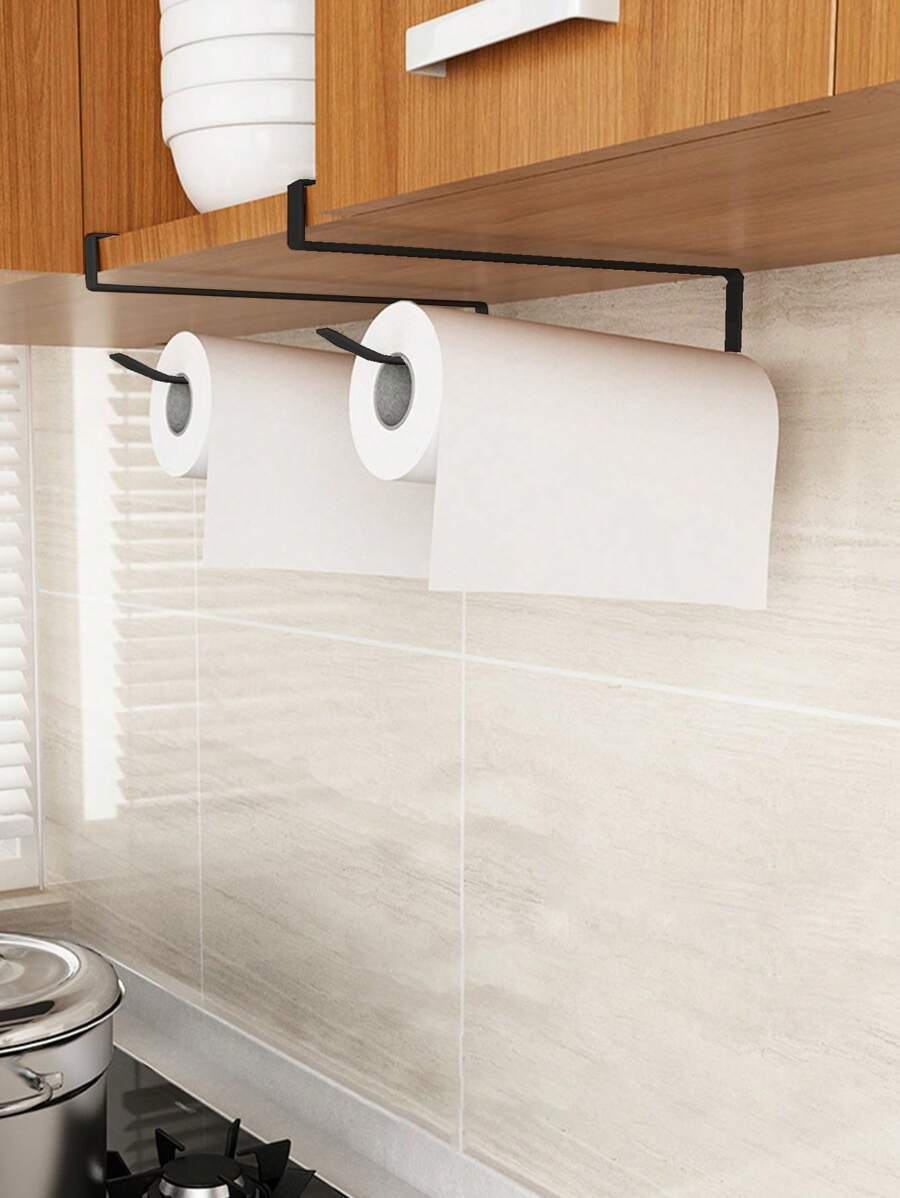 1pc 26*1.3cm Punch-Free Iron Kitchen Tissue Storage Rack, Minimalist Black Hanging Storage Rack For Home