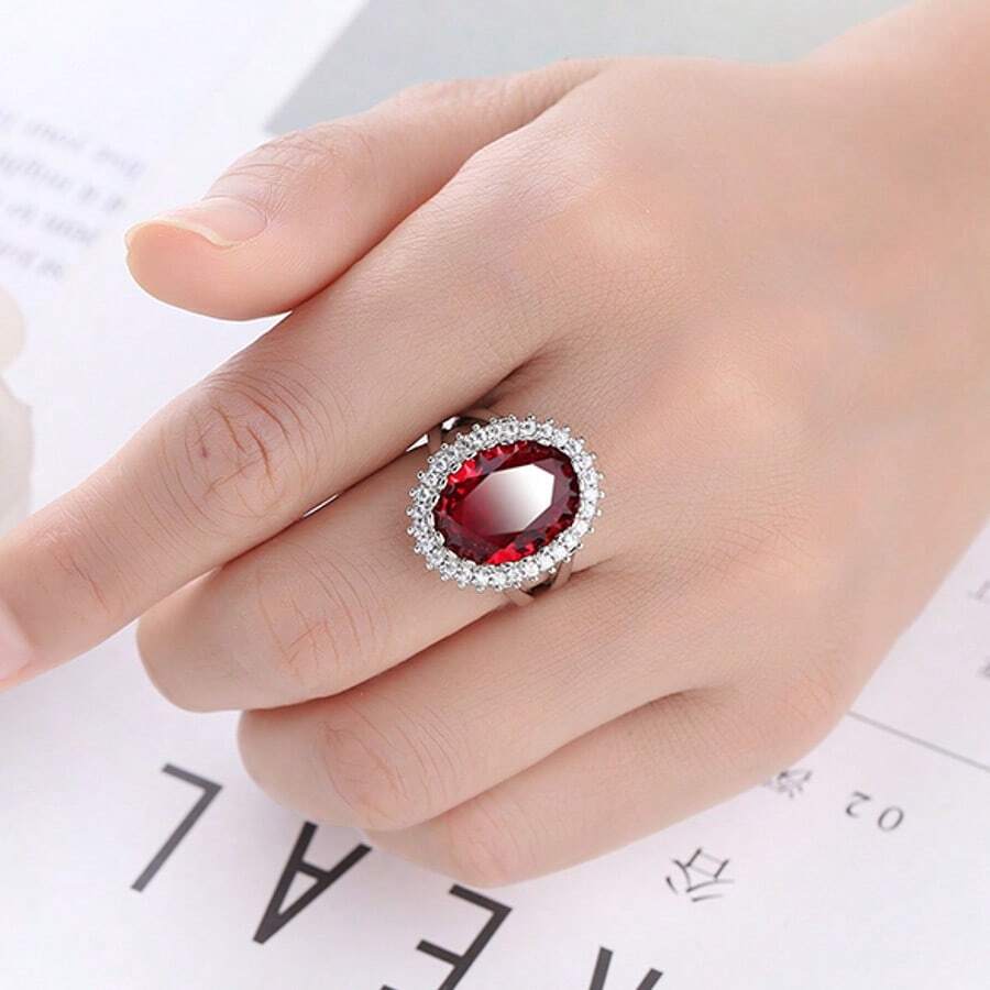 1pc Elegant Red Cubic Zirconia Oval Ring For Women, Wedding Jewelry Gift, Sparkling Jewelry For 2025 Wedding Season