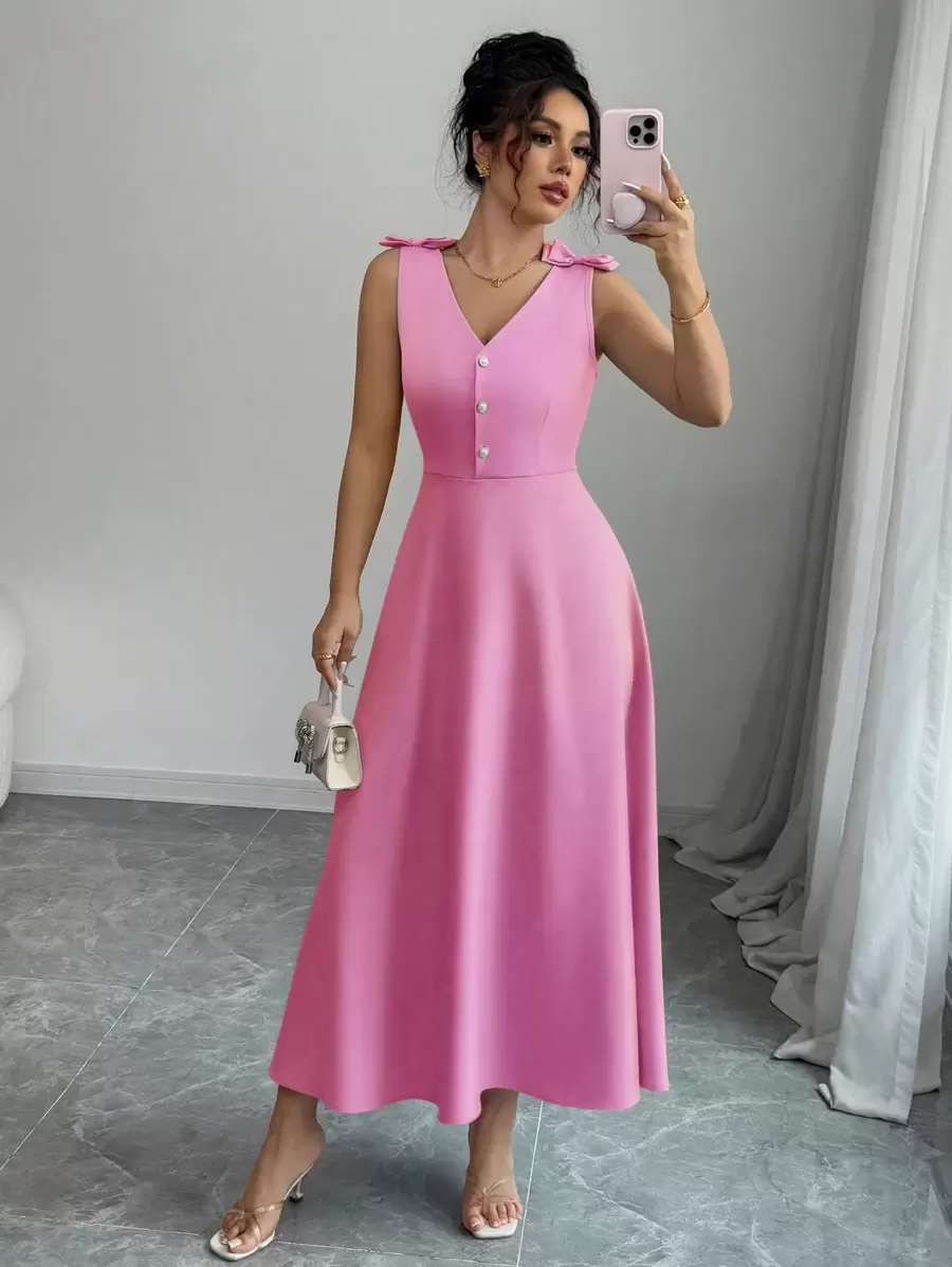 Vestido midi con lazo y botones en la cintura de color azul sin mangas para mujer Elenzga