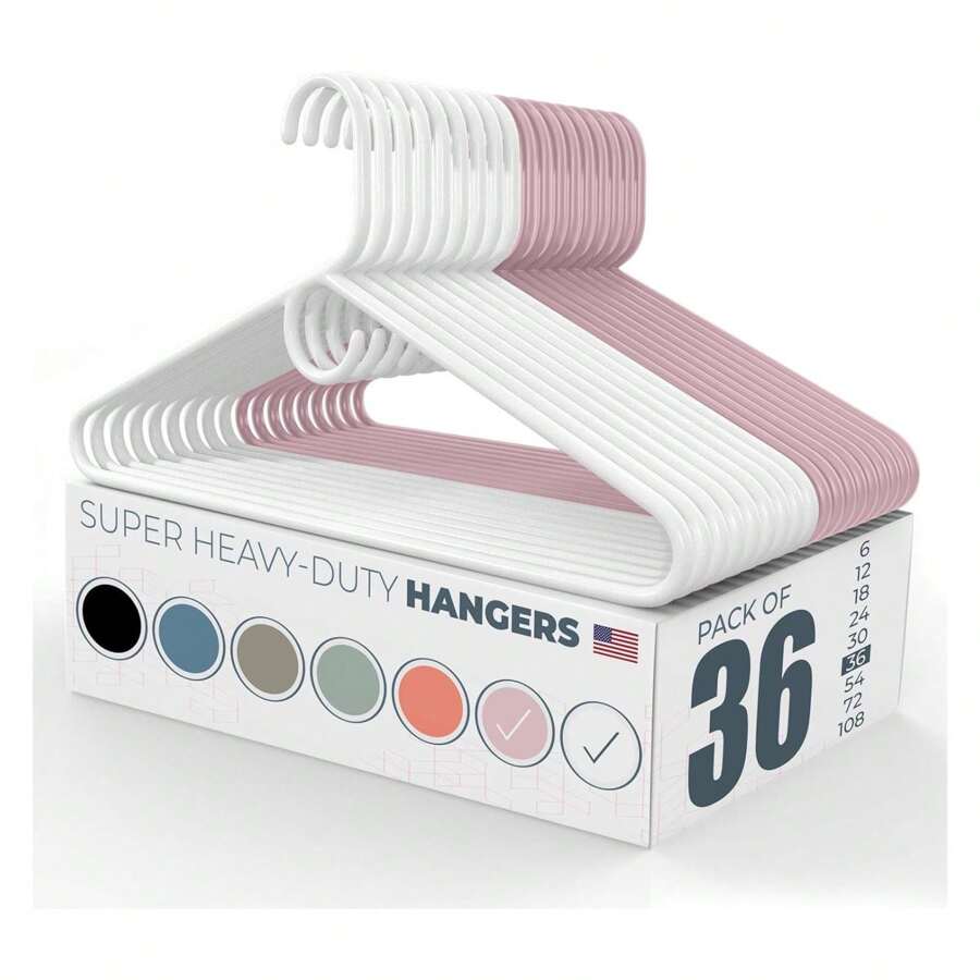 Ganchos para ropa de plástico súper resistentes fabricados en EE. UU. - Paquetes a granel disponibles, ganchos de plástico resistentes para el armario y la ropa, paquete de 36 unidades en blanco/rosa