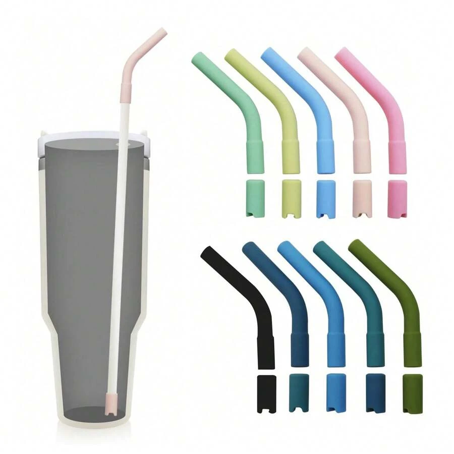 5pcs 8mm Colorful Silicone Straw Tips And Bases, Reusable Silicone Metal Straw Tips, Replacement Elbow Silicone Straw Lids Cup Tumblers, Suitable For Straws With Diameter 8-10mm