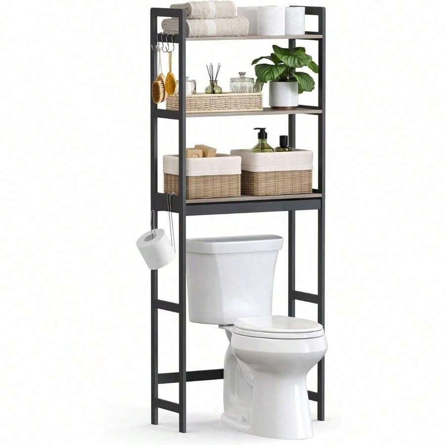 Toilet Shelf Organizer, 3-Tier Bathroom Storage Unit With Adjustable Shelving, Hooks, And Toilet Paper Holder, Space-Saving Heather Greige UBTS012W01