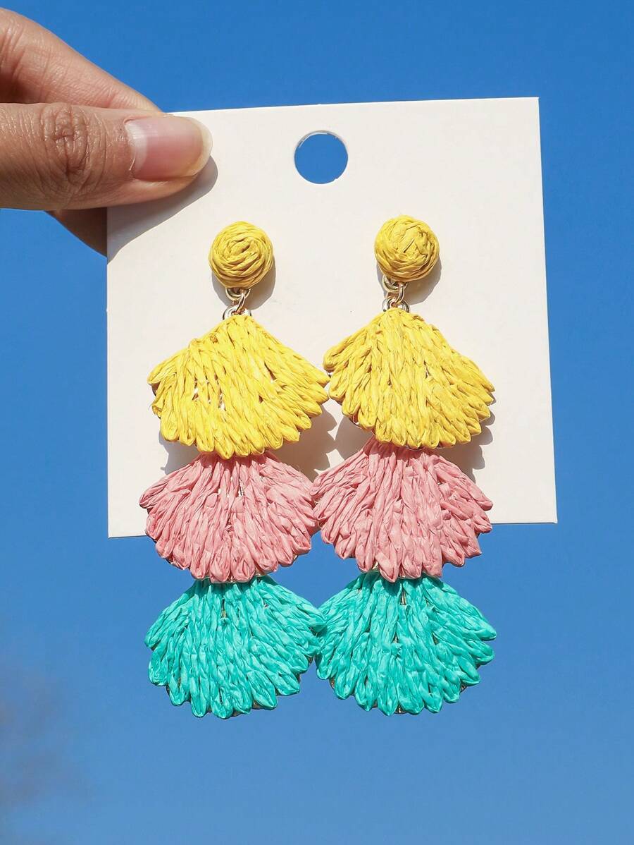OOQ 1 Pair Handmade Bohemian Style Rattan & Shell Tassel Long Earrings, Geometric Design, Summer Beach/ Holiday/ Wedding/ Mother's Day/ Music Festival Accessories, Suitable For Women's Daily, Travel, Party
