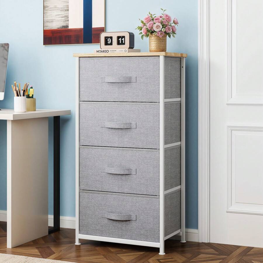 Commode, 4 Tiroirs en Tissu Commode Chambre Meuble de Rangement, Cadre en Métal,pour Chambre à Coucher, Salon,Gris Profond