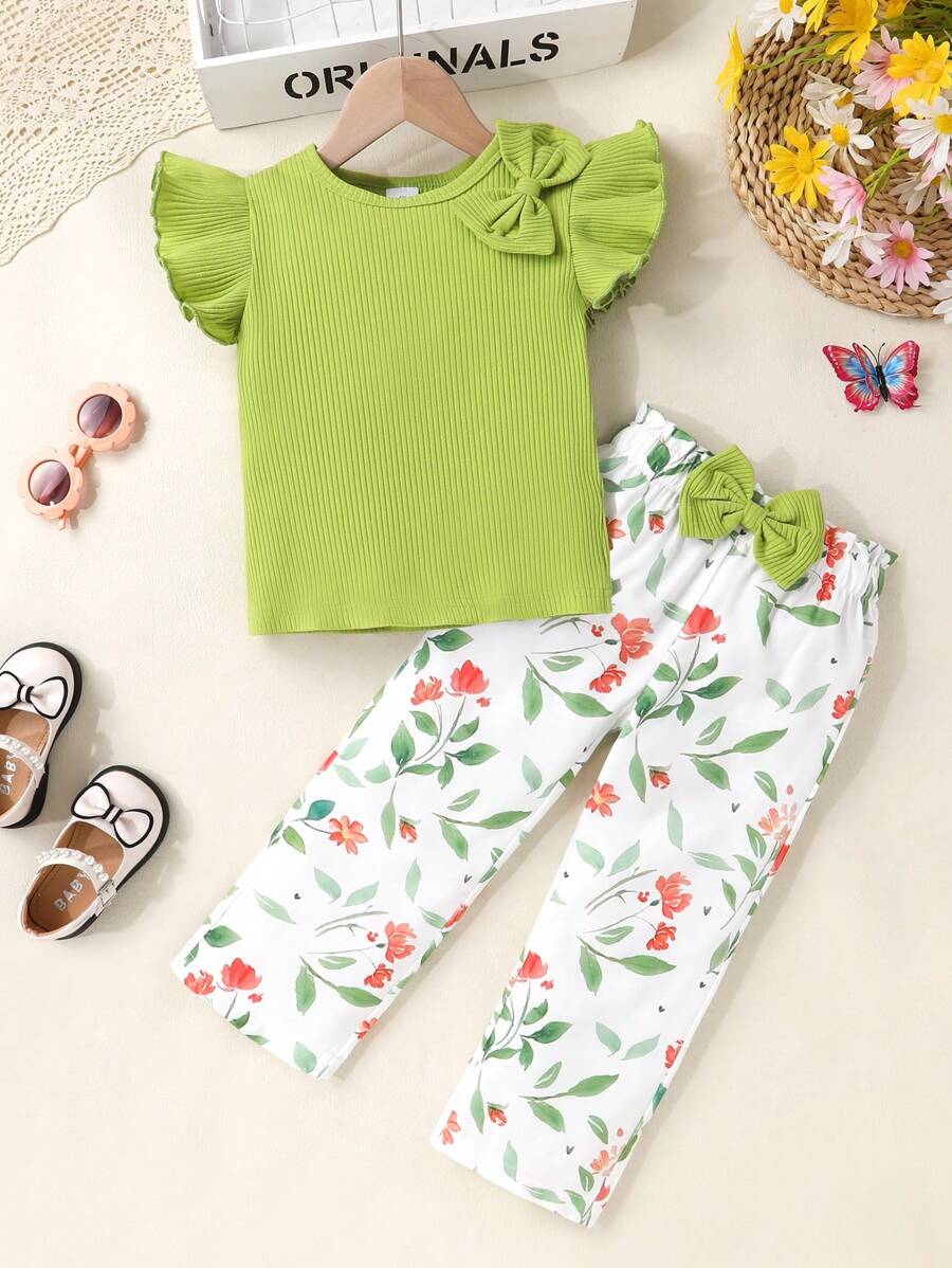 Conjunto de 2 piezas para niña: Top con mangas tipo gorra y adorno de lazos y pantalones largos con estampado floral, para verano