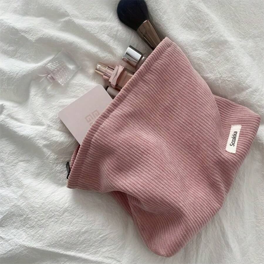 1pc Corduroy Travel Makeup Bag With Zipper, Perfect For Beauty Essentials, Lipstick Bag, Women's Makeup Bag, Small Bag Storage Makeup Bag, Pencil Case Makeup Brush Holder, Toilet Bag, Makeup Bag Beach Bag,Toiletry Bag Back To School