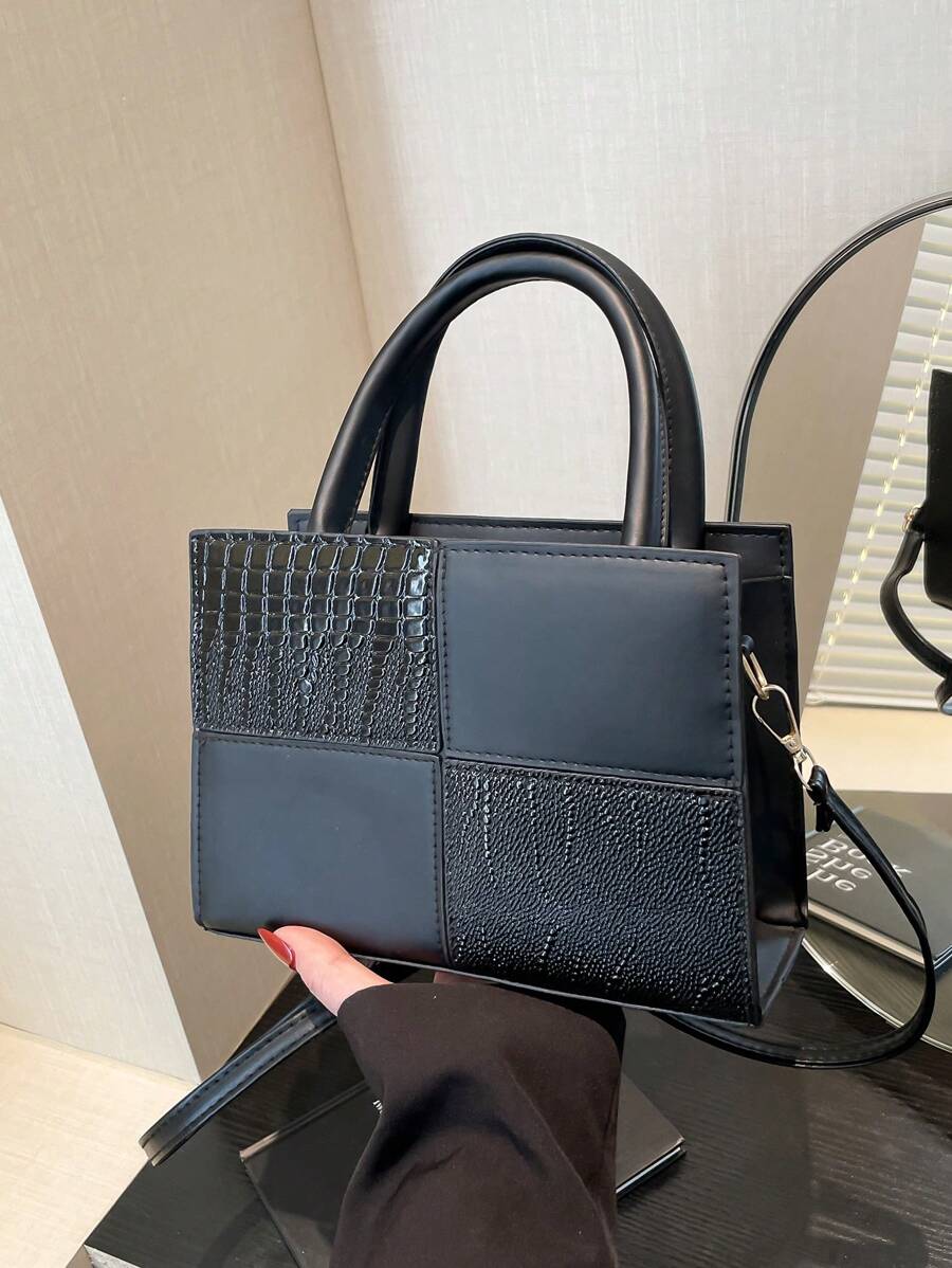 Women's New Fashion Textured Stone Pattern Square Handbag With Dual Top Handles, Crocodile Embossed Shoulder Bag, Adjustable Strap, Casual Travel & Shopping Crossbody Bag