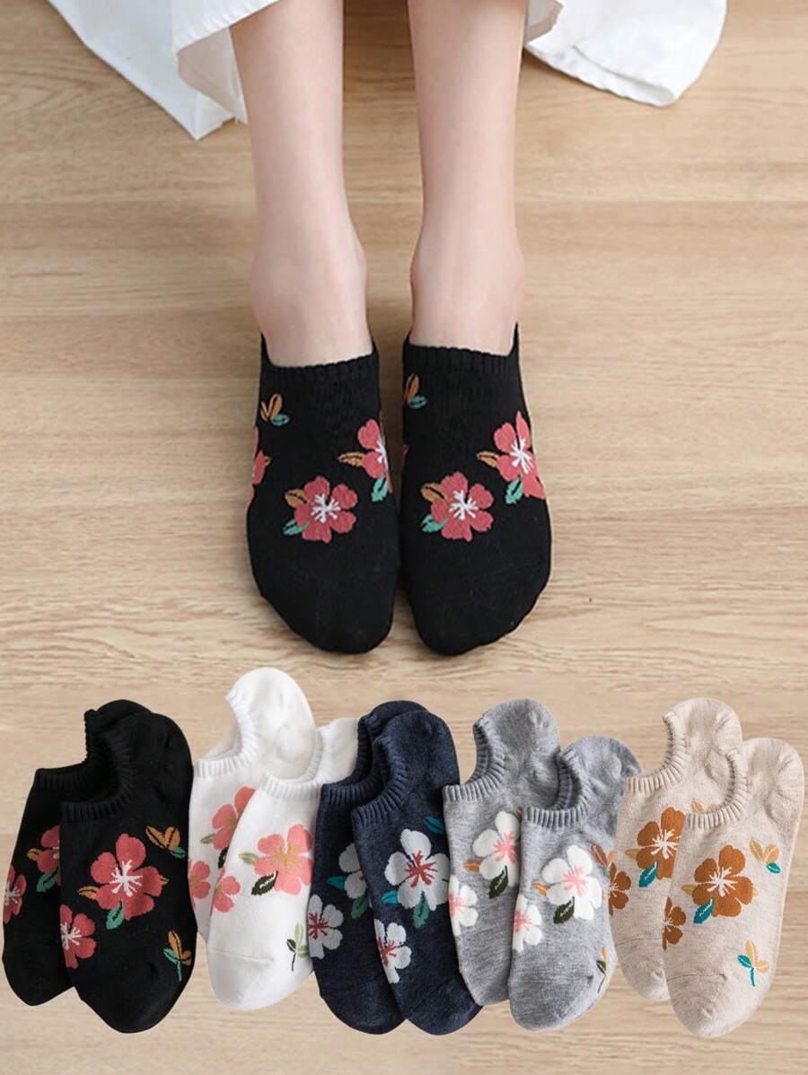 4 Pairs Random Women's Cute Floral Patterned Comfortable Versatile Ankle Socks, Ins Style