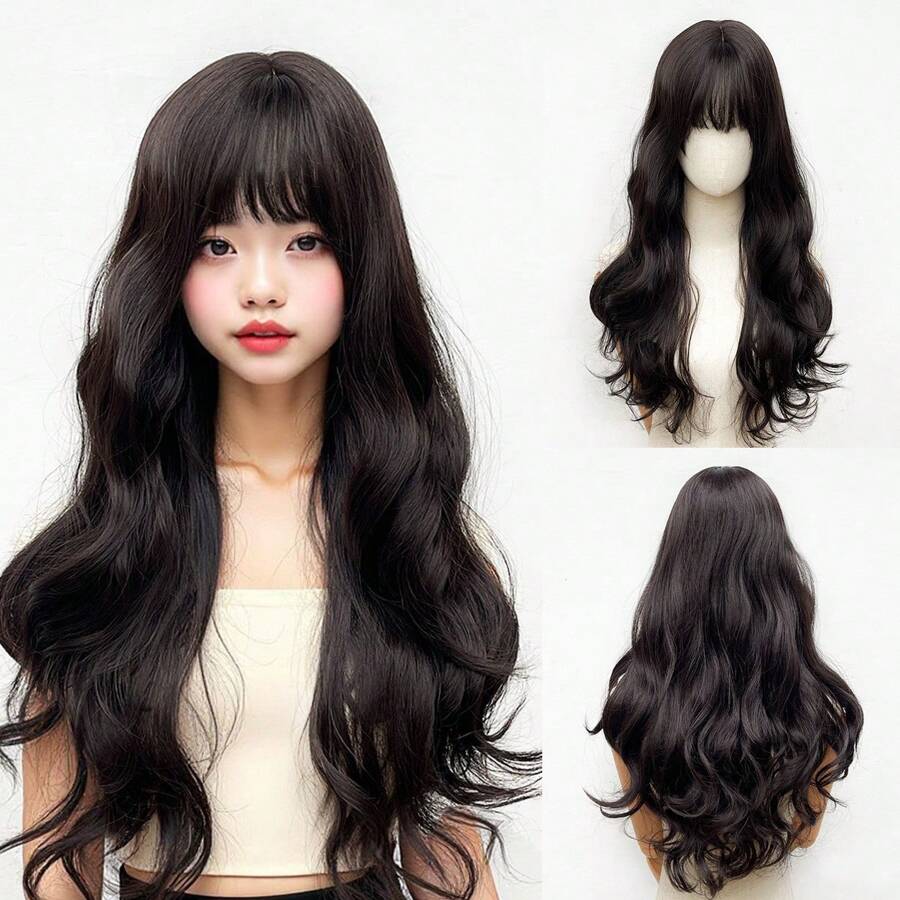 Black-BrownHeat Resistant Synthetic Wig, Medium Length Wavy With Bangs, Elegant Wig Suitable For Women's Daily Wear Cosplay