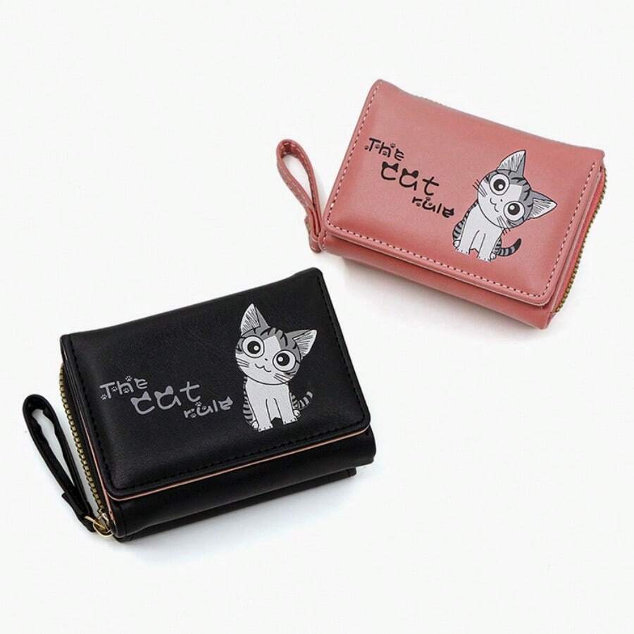 1pc New Cute Cartoon Print Compact Folding Women Small Wallet, Fresh PU Trifold Coin Purse, Fashion Ladies Accessory