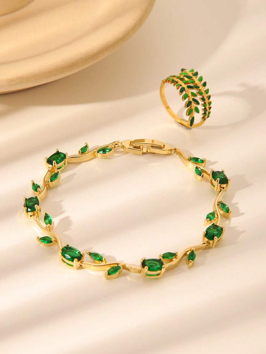 2pcs 18k Inlaid Green Zirconia Tennis Eye Branch Bracelet & Open Ring Set, Fashion Accessories For Women, Suitable For Daily Wear And Dating