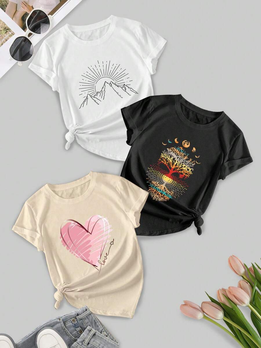 3er Pack Damen Lässig Shirts im Vintage Stil mit Herz- und Blumendrucken - bequeme Crew Neck, Kurzarm, Sportshirts, rosa, grau und teal, Polyester, maschinenwaschbar, Frühlings- und Sommerbluse | Vintage Style Shirts | maschinenwaschbare Blusen