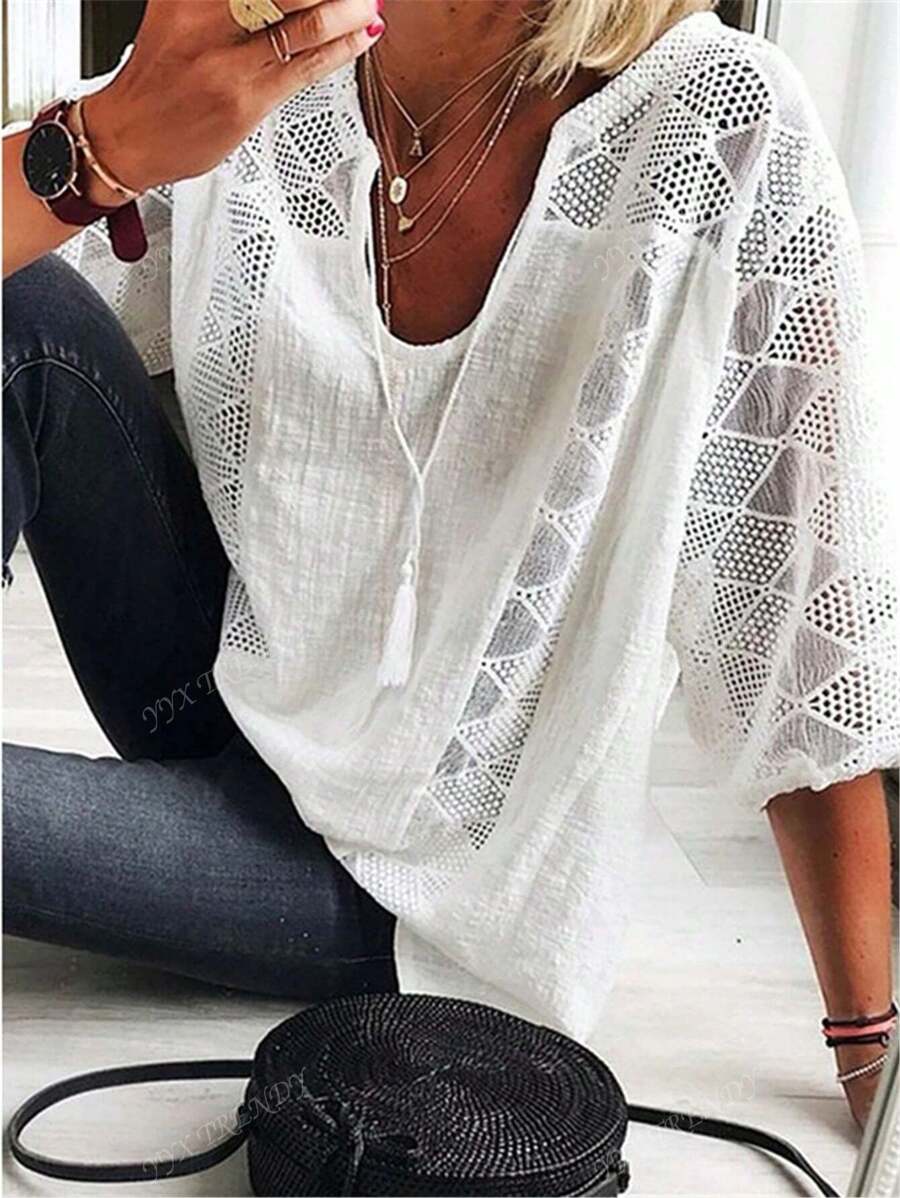 Blusa de encaje casual de verano para mujer, de unicolor, con escote en O y manga 3/4