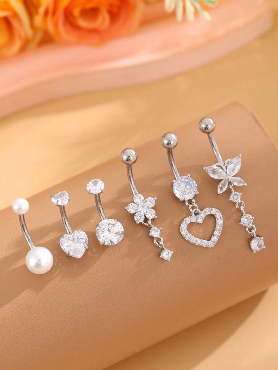 Set de 6 anillos de ombligo de acero inoxidable con forma de mariposa, corazón y perlas falsas, y anillos de ombligo con forma de corazón de doble garra para mujeres