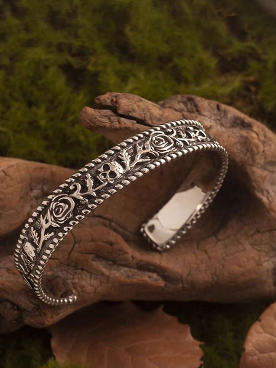 1pc Vintage Adjustable Skull & Rose Floral Engraved Bangle Bracelet, Rocks/Casual Style For Men
