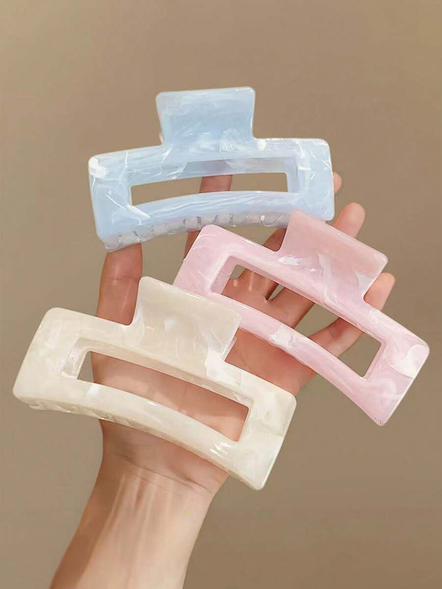3 Pcs Women 3.94 Inch Pink, White, Blue Oversized Square Water Wave Design Hair Clips, High Quality Elegant Simple Ombre Summer Hair Accessories Suitable For Daily, Casual, Party, Work, Vacation, Washing Face, Makeup, Matching Outfits, Back To School
