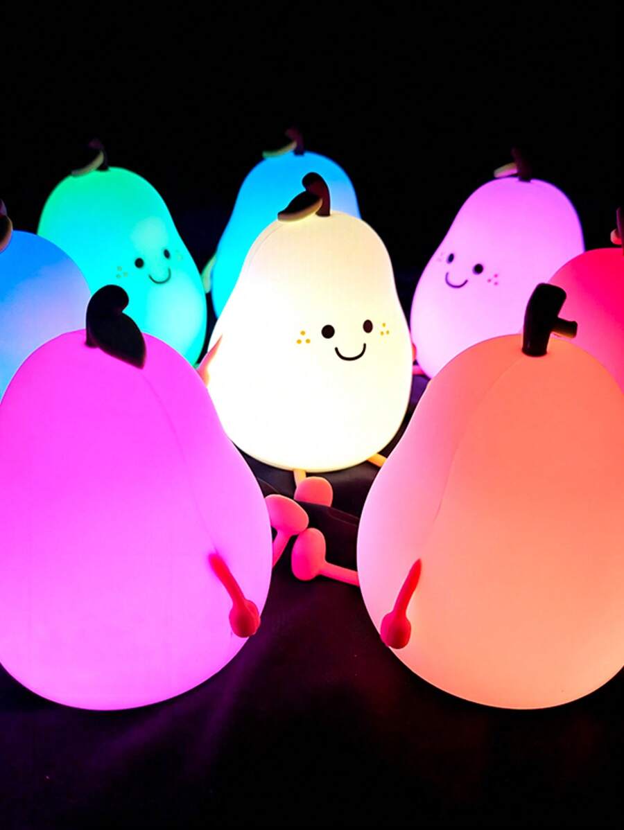 Luz lámpara de silicona con diseño de fruta de pera de dibujos animados, con 7 colores de luz diferentes para cambiar libremente, se puede usar como decoración de dormitorio, regalo lindo, regalo de fiesta, etc.