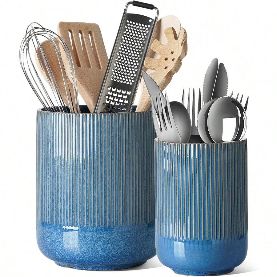 LE TAUCI Utensil Holder 7.3"+5.4" Ceramic Kitchen Utensil Holder For Countertop Large Cooking Utensil Crocks Gift For Mother's Day Costal Ocean Home Kitchen Decor Set Of 2 Glaze Marble Blue