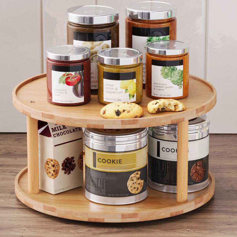 1Pc 2 Tier Slouchy Susan Organizer, Bamboo Rotating Spice Rack, Spice Holder For Inside Cabinet, Pantry, Kitchen, Countertop