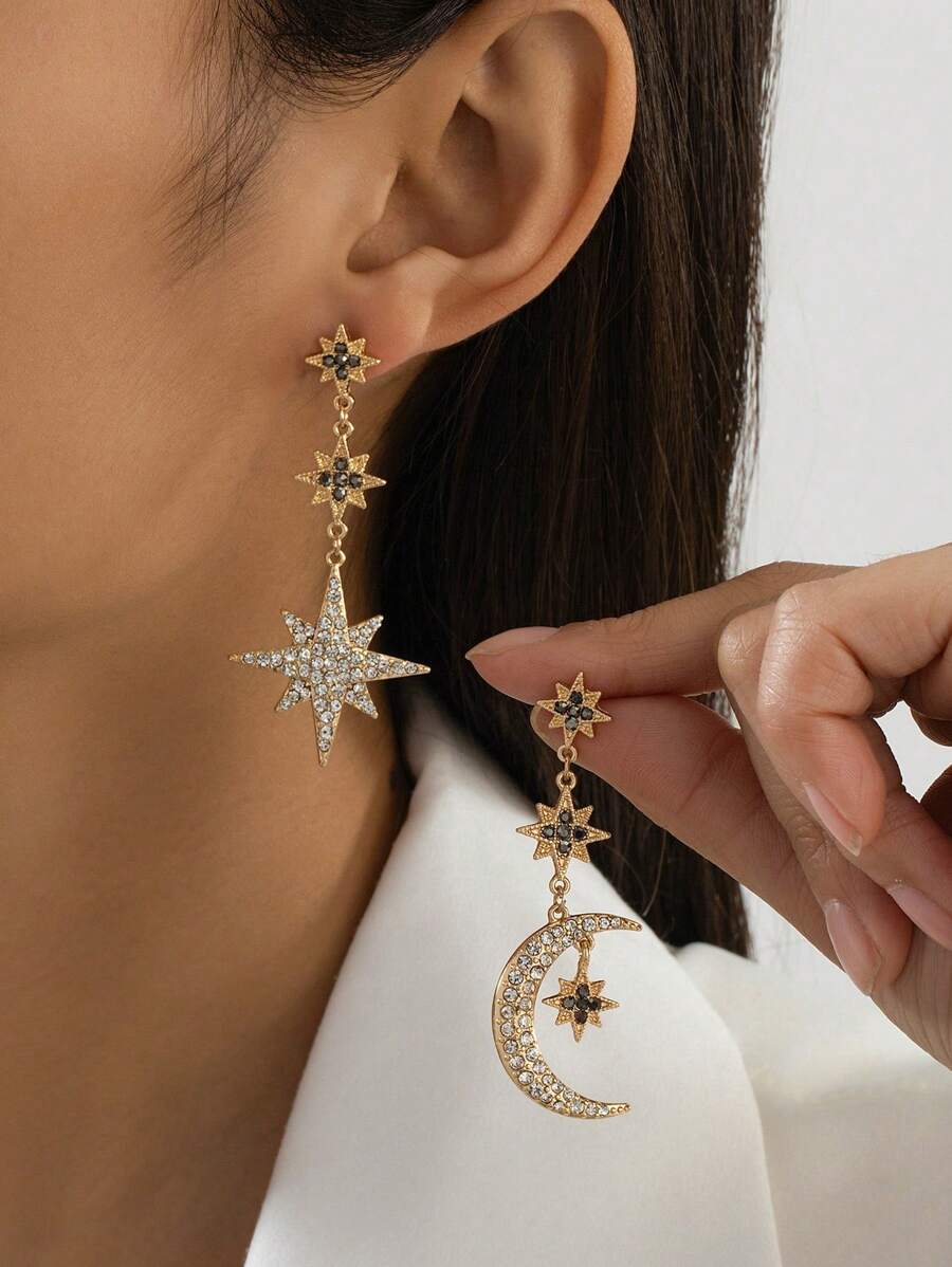 1 par de pendientes largos con diseño estrella y luna de estilo árabe de lujo con decoración de rhinestones, diseño bicolor versátil adecuado para uso diario y el Ramadán, regalo perfecto para familias