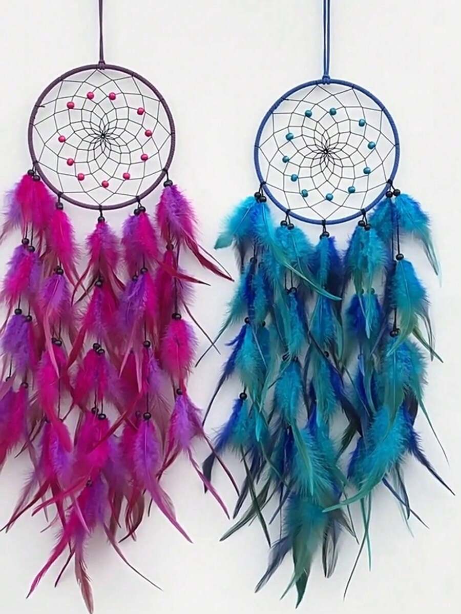 1 pieza Atrapasueños colgante decorativo creativo, multicolor, ornamento de estilo boho chic, decoración para el hogar, regalo para el Día de la Madre, adecuado para sala de estar, estudio, comedor, balcón, espacio comercial, colgante de pared hecho a mano con plumas artificiales, unisex, decoración para habitación de niños, regalo de arte y manualidades