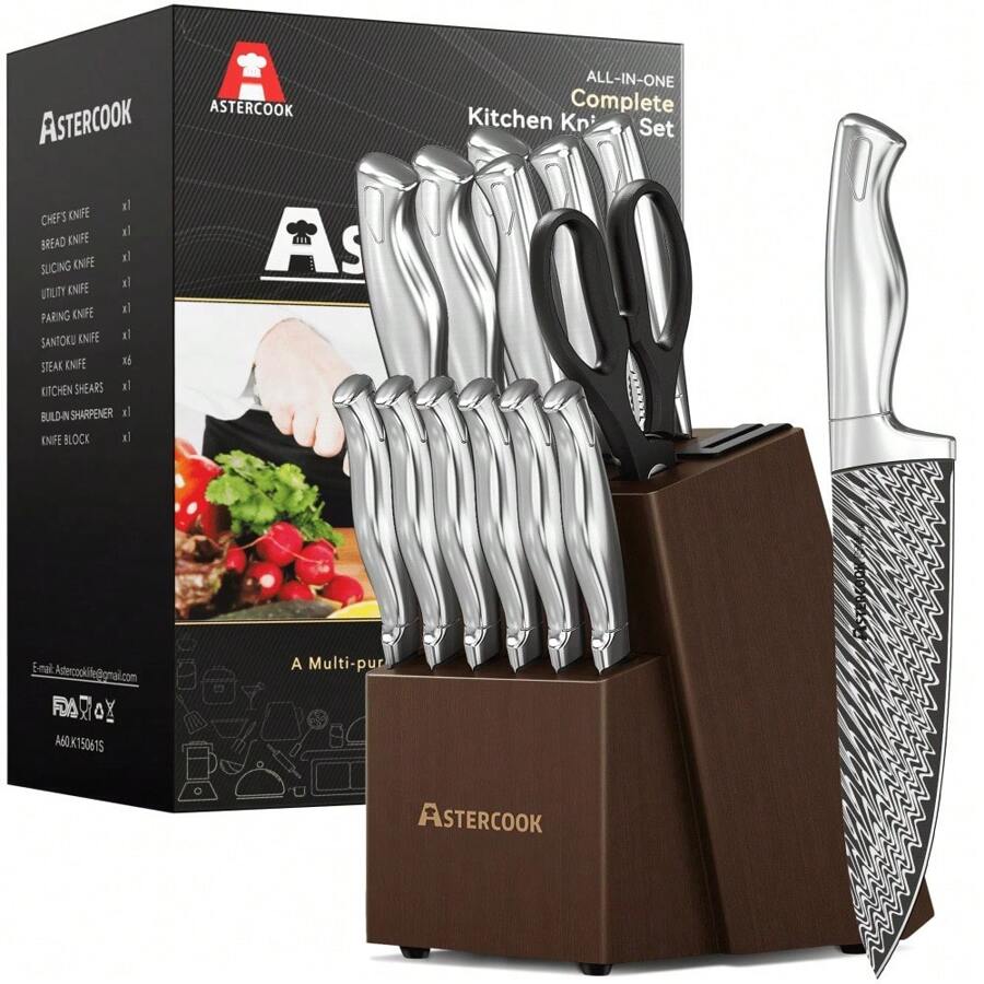 14 Piece Kitchen Knife Set With Block And Built-In Sharpener, Full Tang Knives Sets German Stainless Steel, Dishwasher Safe Silver