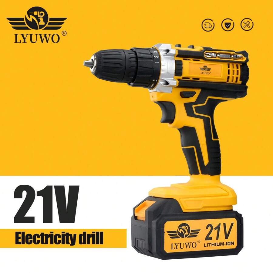 LYUWO Herramienta eléctrica LYUWO, Taladro eléctrico recargable de ión de litio de 21V, regulación de dos velocidades, rotación horaria y antihoraria, lámpara LED, posicionamiento de perforación preciso, peso ligero, fácil operación, durabilidad, equipado con batería de litio de gran capacidad, se presenta como regalo con dos brocas de taladro, apto para el hogar y la industria artesanal.
