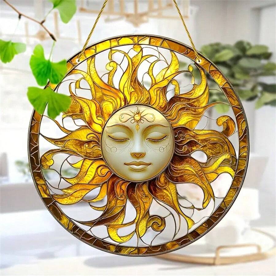 1 pieza, Impresión plana 2D, Atrapasol del dios sol dorado, Atrapasoles de jardín (20cm x 20cm), Decoración colgante de ventana de acrílico con vidrio teñido, Adecuado para decoración del hogar en cualquier temporada, club, escuelas, arte de pared, sala de estar, decoración de bodas, regalo de cumpleaños, regalo ideal
