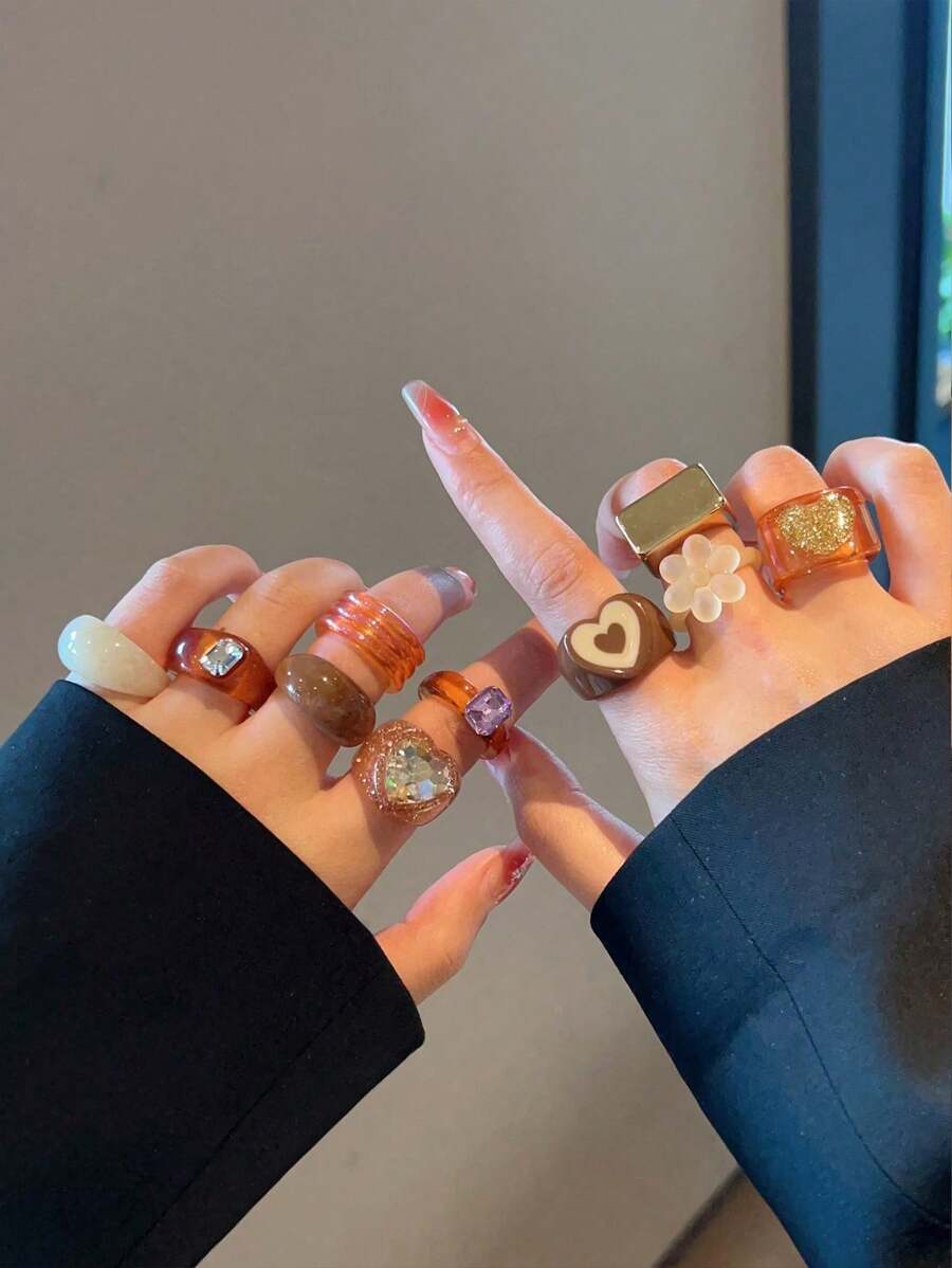 10pcs/Set Assorted Flower & Heart Shaped Resin Retro Rings, Unique Fashion Jewelry Rings For Women & Girls, Daily Wear