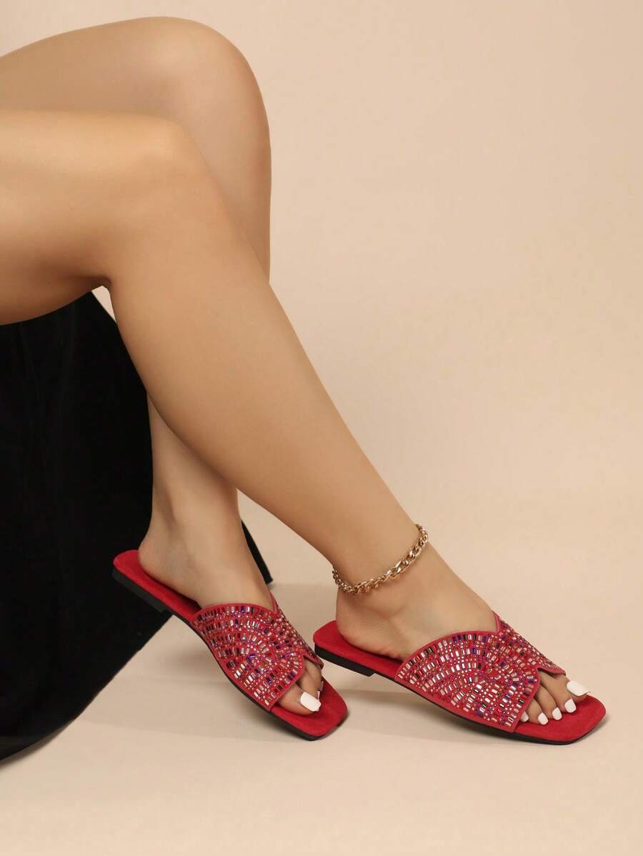 Sandalias planas con pedrería colorida de ajuste ancho para mujer, estilo casual de verano, pantuflas de terciopelo burdeos para mujer