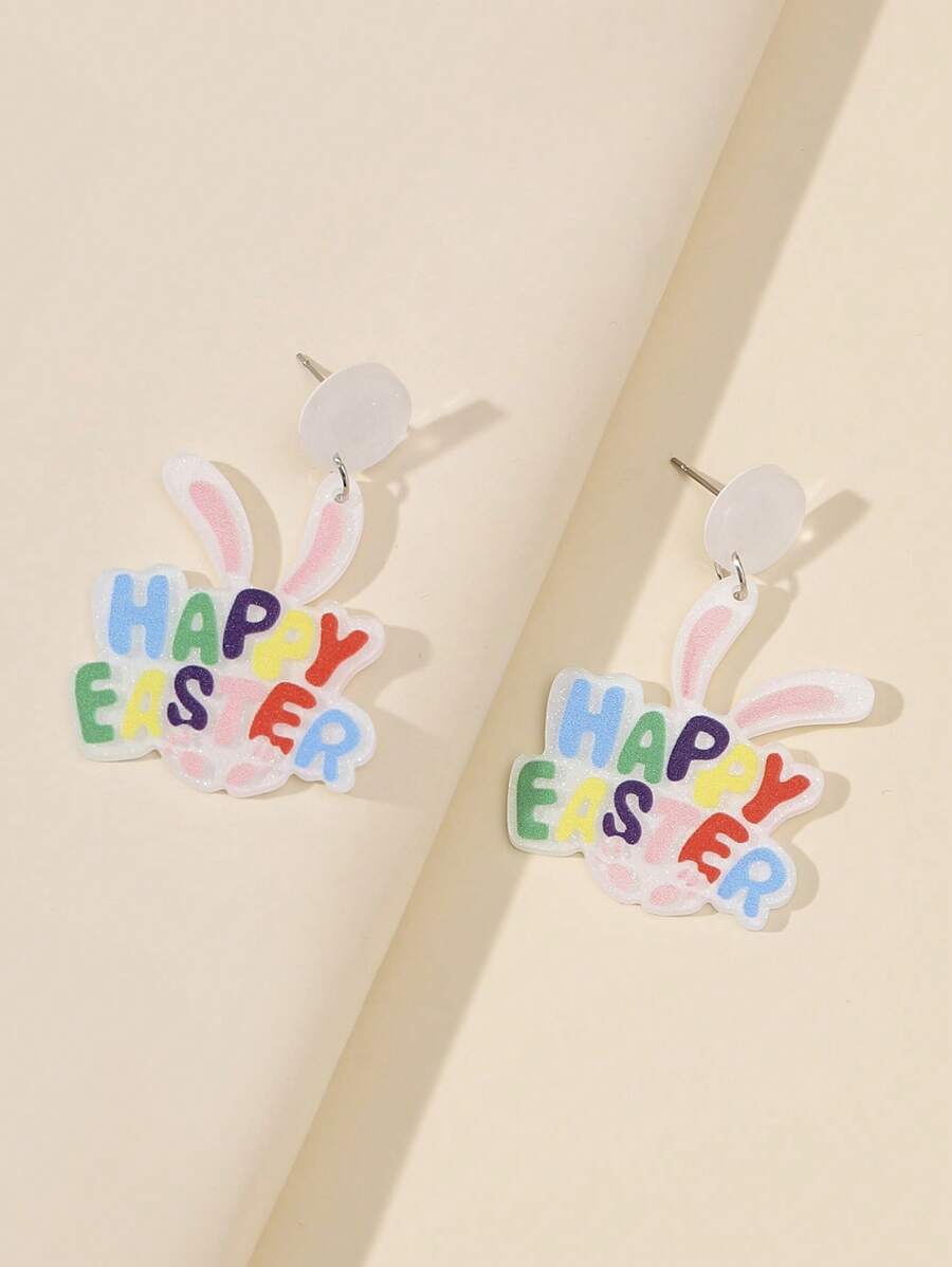 1pair Cute Joyful Celebration Acrylic HAPPY EASTER Letter Rabbit Drop Earrings For Women Girl For Easter Day Festival Gift Accessories Jewelry