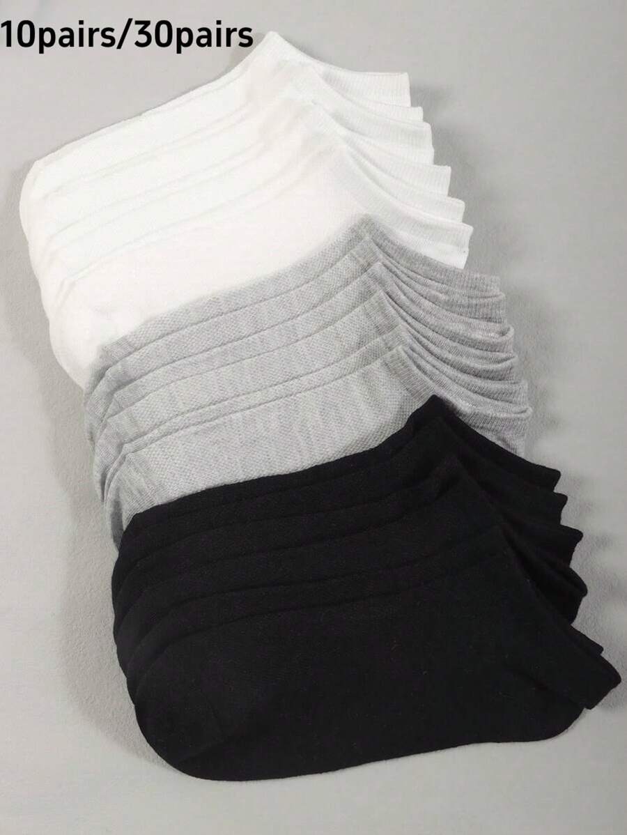 10/30 Pairs Unisex Short Socks, Thin, Breathable, Moisture-Wicking, Solid Colors Black/White/Grey Casual Ankle Socks, Spring/Summer