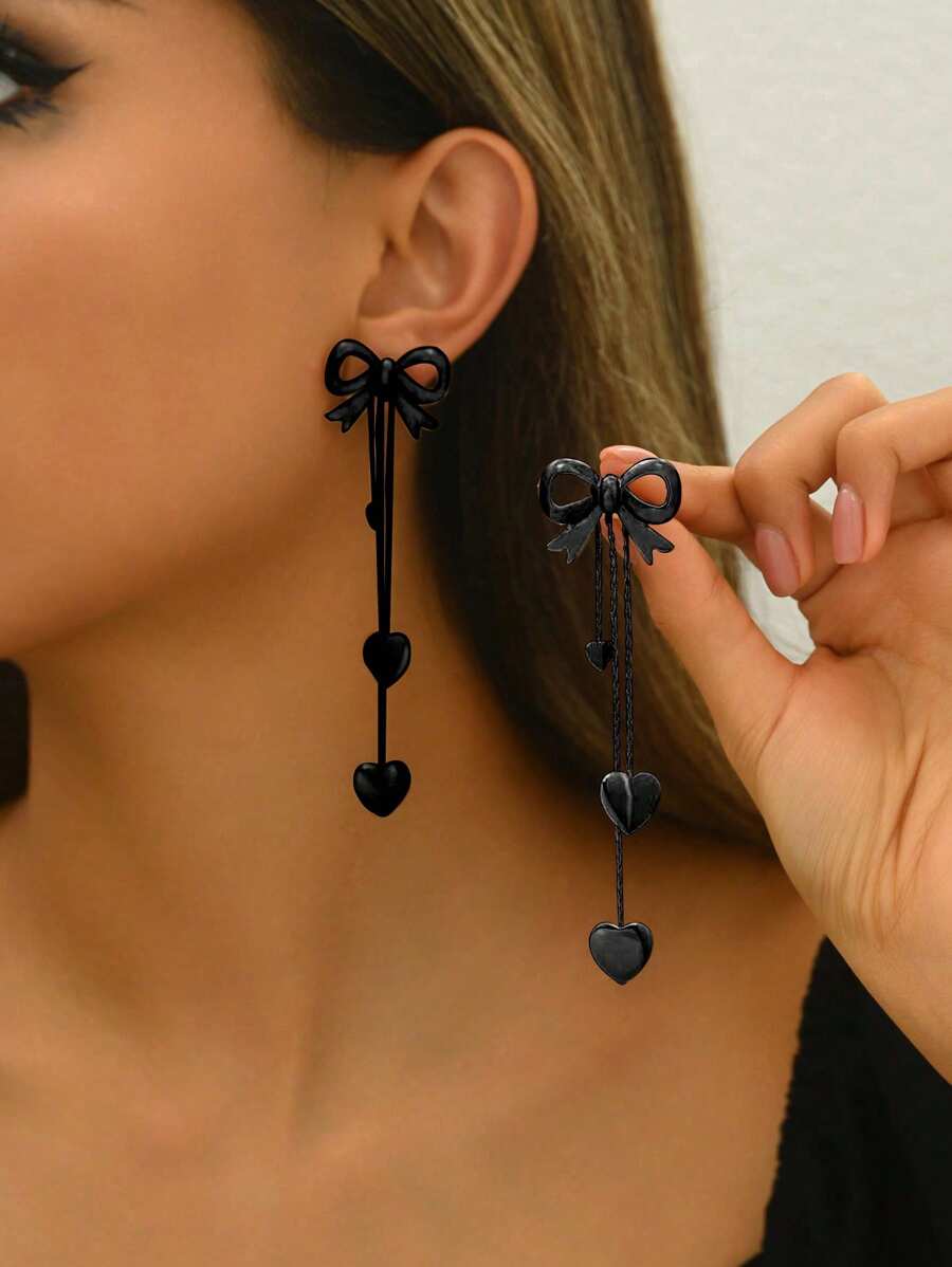 1 paire Cadeau de la Saint-Valentin Chaîne simple de clavicule Boucles d'oreilles avec franges, cœur et nœud