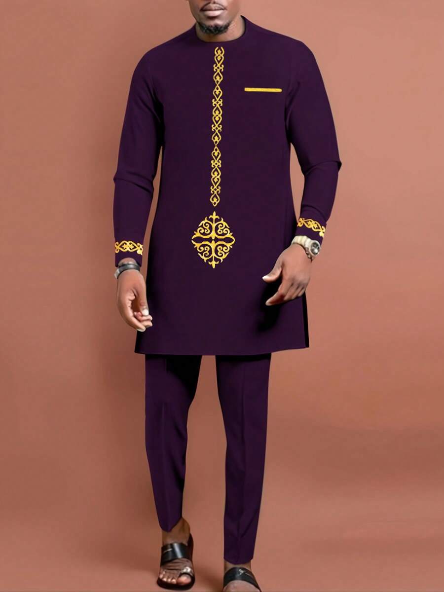 2 peças/Conjunto Camisa de Manga Longa com Gola Careca e Estampa Dashiki Roxa e Calça com Cintura Elástica, Conjunto Casual, Estilo de Rua, Adequado para Festa, Encontro, Casamento, Novidade