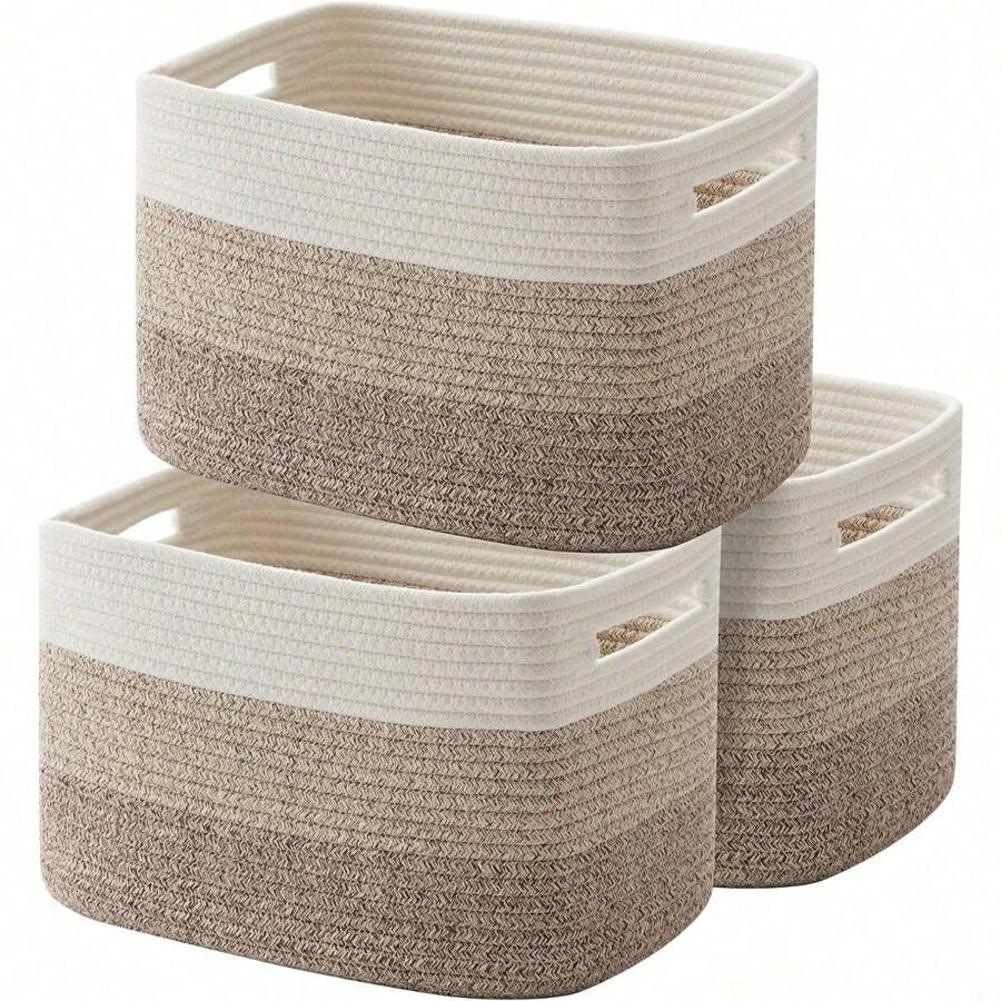Storage Basket, Woven Baskets For Storage, Cotton Rope Basket For Toys,Towel Baskets For Bathroom - Pack Of 3, Gradient Yellow