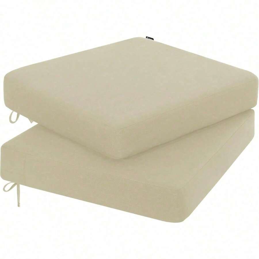 Set Of 2 Beige 19 X 19 X 3 Inch Rainproof Outdoor Chair Cushions, 3-Year Fade Resistant, With Removable Cover And Adjustable Ties, For Garden Sofa Couch